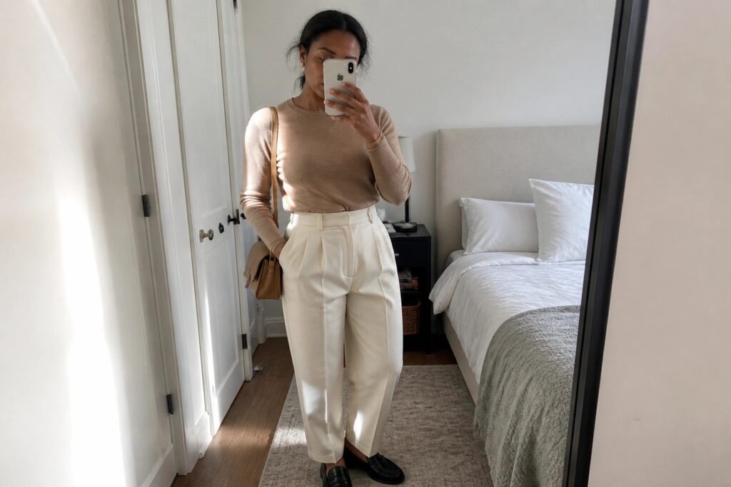 22 Old Money Outfits for Black Women Inspired by Quiet Luxury Woman in tan sweater and white trousers taking mirror selfie in bedroom.