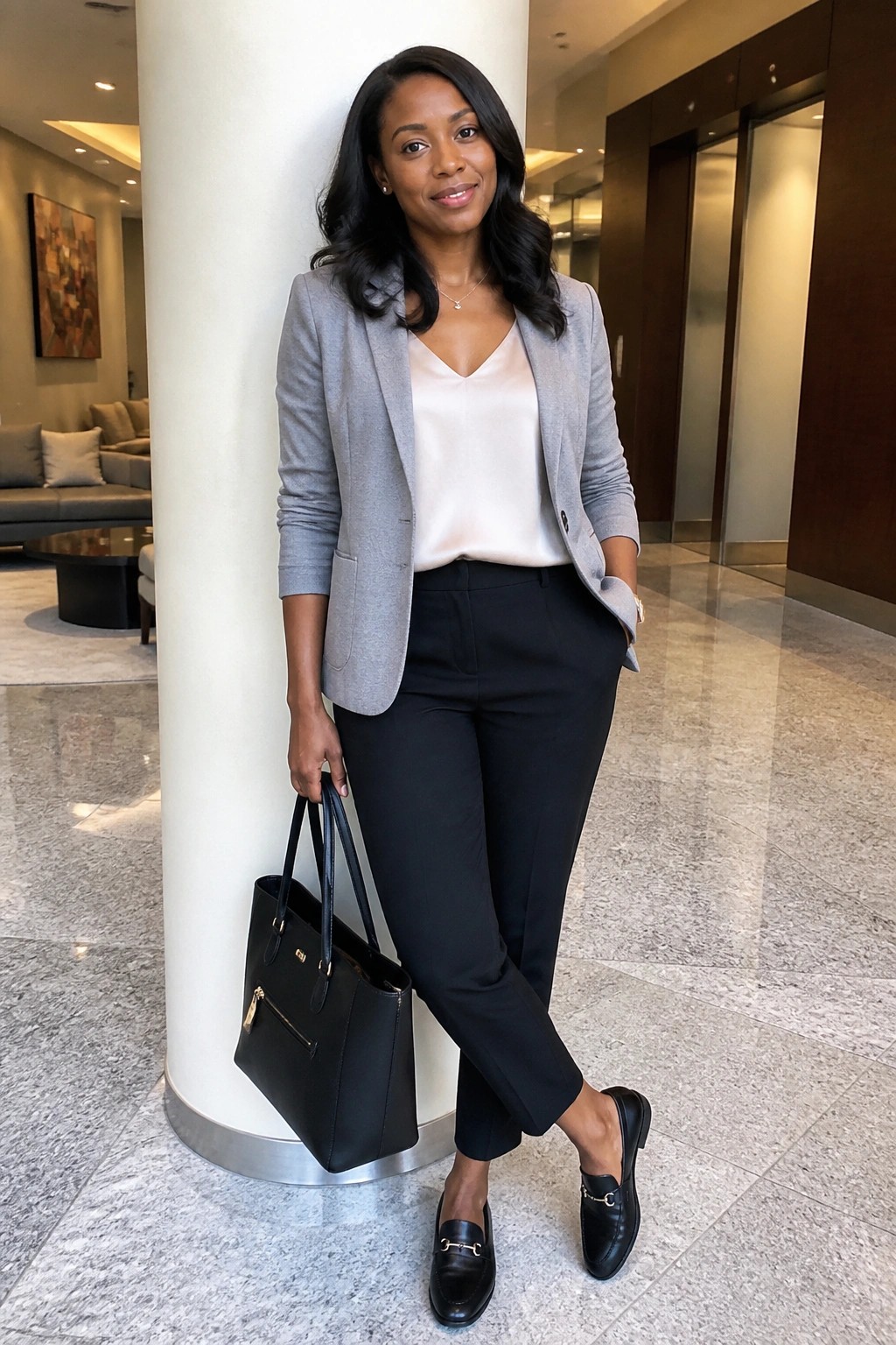 Woman wearing a gray tailored blazer over a white satin camisole with black trousers, black leather loafers featuring gold hardware, and carrying a black structured tote bag in a modern indoor lobby setting.