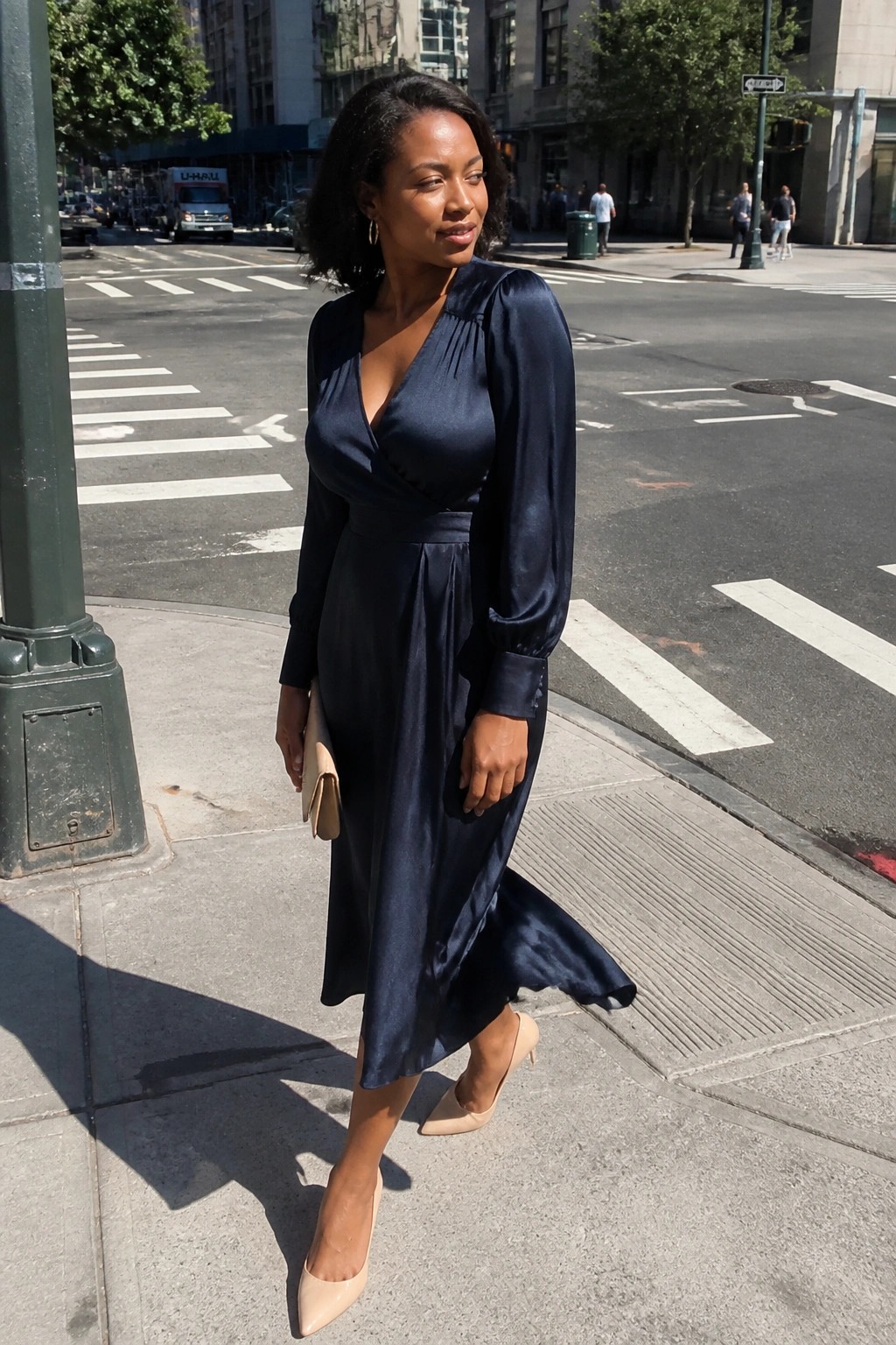 Woman in navy satin wrap dress and beige heels on city sidewalk