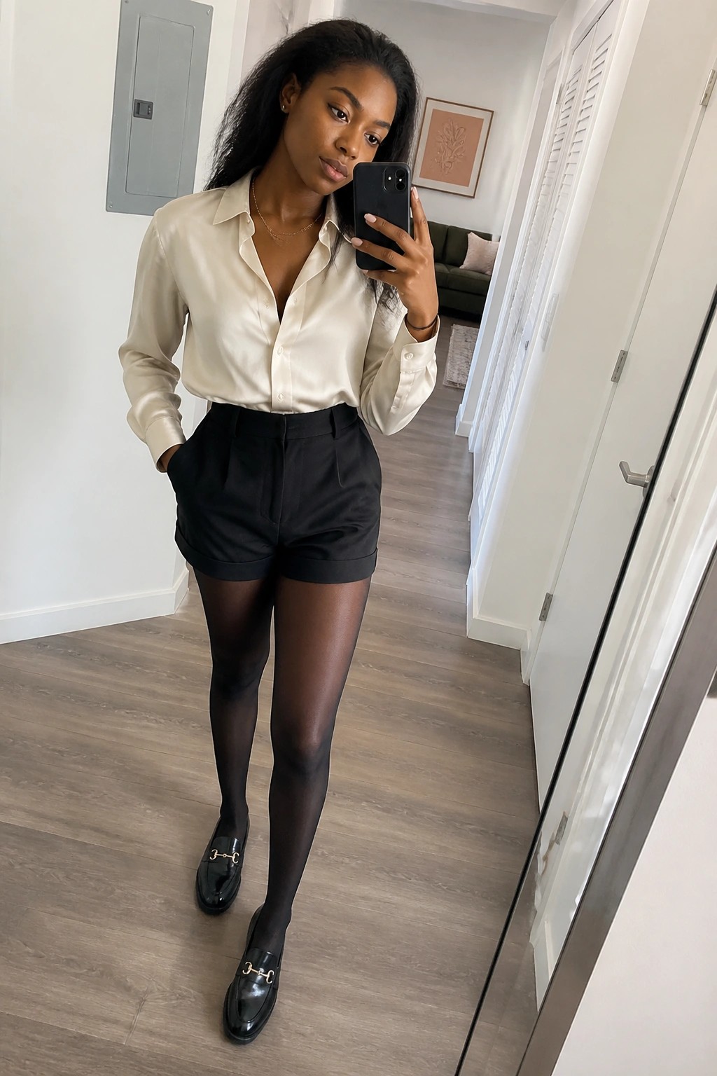 Woman in cream satin shirt and black shorts taking mirror selfie in hallway