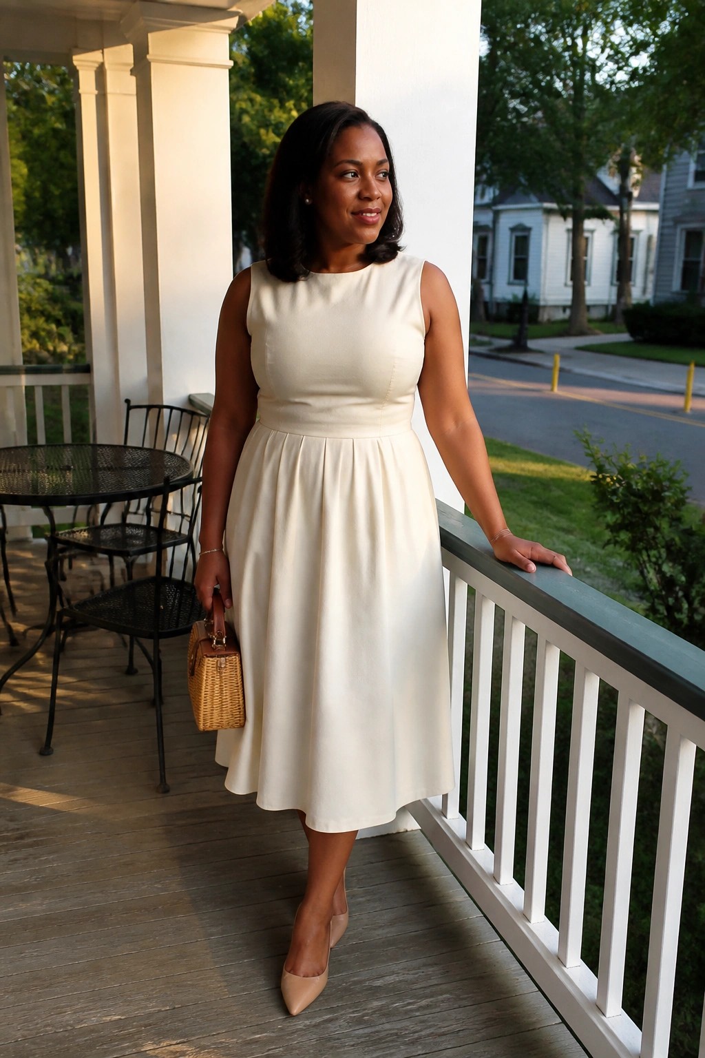 Woman in cream sleeveless dress holding wicker bag on porch railing