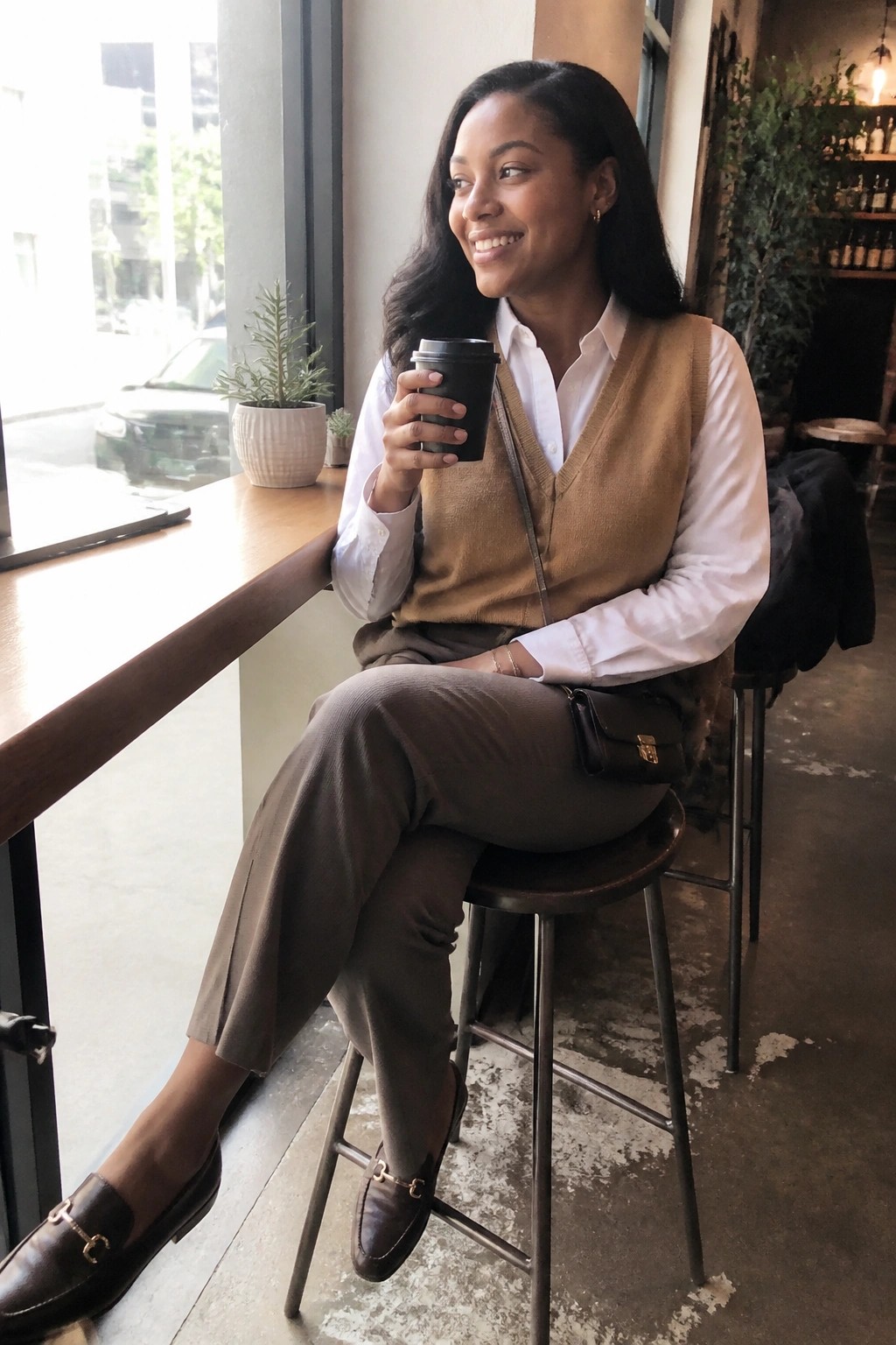 Woman in white shirt and brown vest holding coffee seated at cafe counter