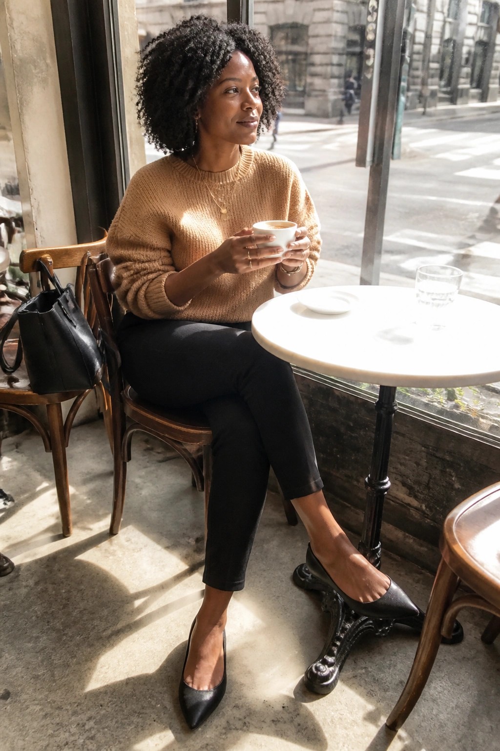 Woman in tan knit sweater holding coffee at sunny cafe window table