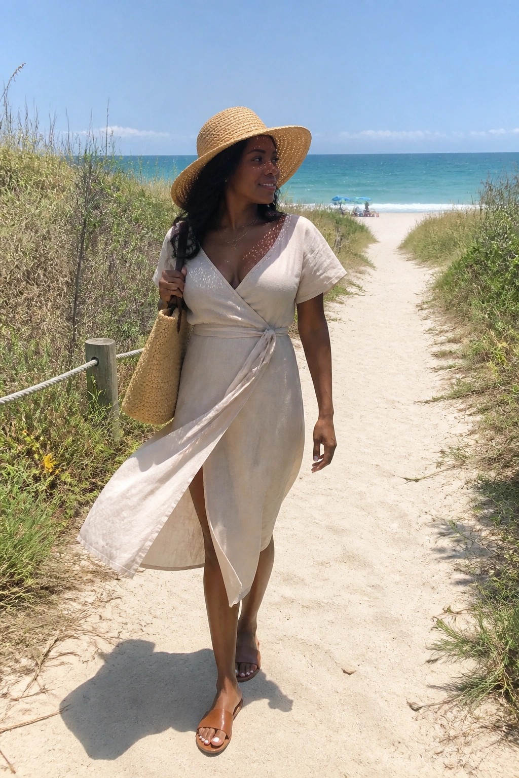 Woman in beige wrap dress and straw hat on sunny beach path