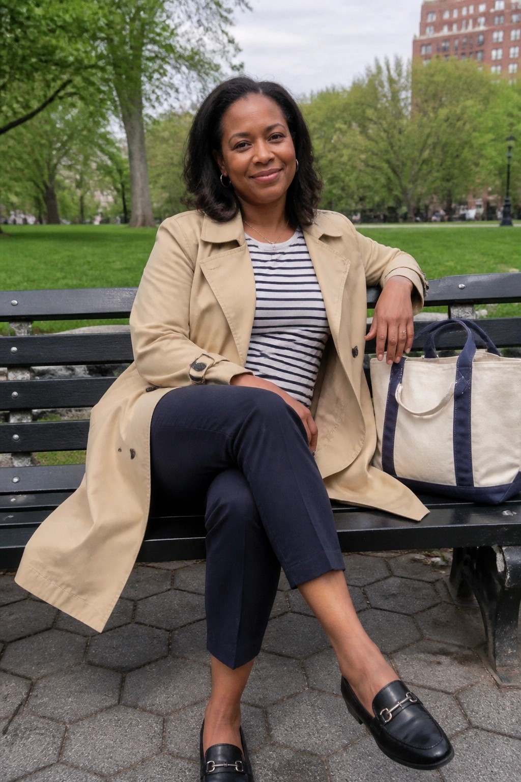 Black woman in beige trench coat open over striped top and navy cropped pants paired with black loafers and a canvas tote bag.