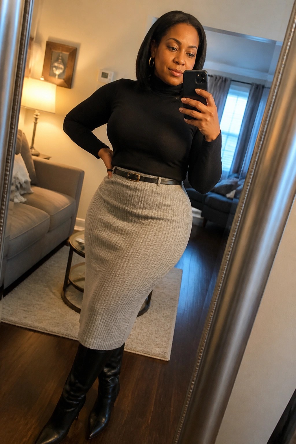 Woman wearing a black turtleneck top tucked into a gray ribbed midi pencil skirt with a black belt and gold buckle paired with black pointed toe knee high boots while taking a mirror selfie.