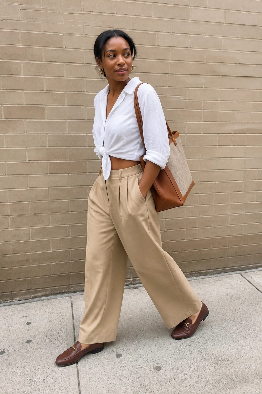 Woman in white tied shirt and beige wide-leg pants with brown tote against brick wall