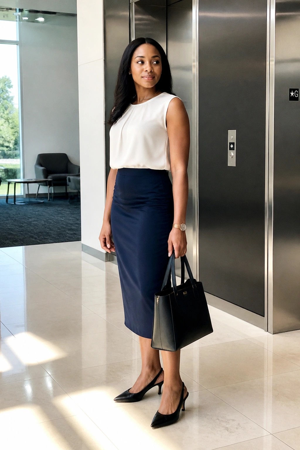 Woman in white blouse and navy skirt holding black bag by office elevators.