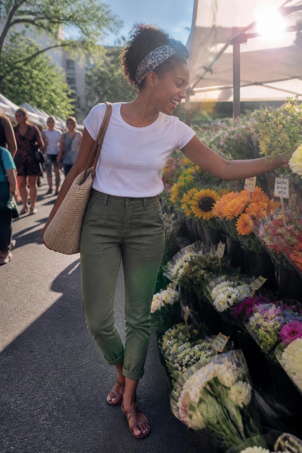 Woman in white short sleeve tee, olive green cargo pants with rolled cuffs, brown flat sandals, woven tote bag over shoulder, and patterned headband reaching toward flower display.