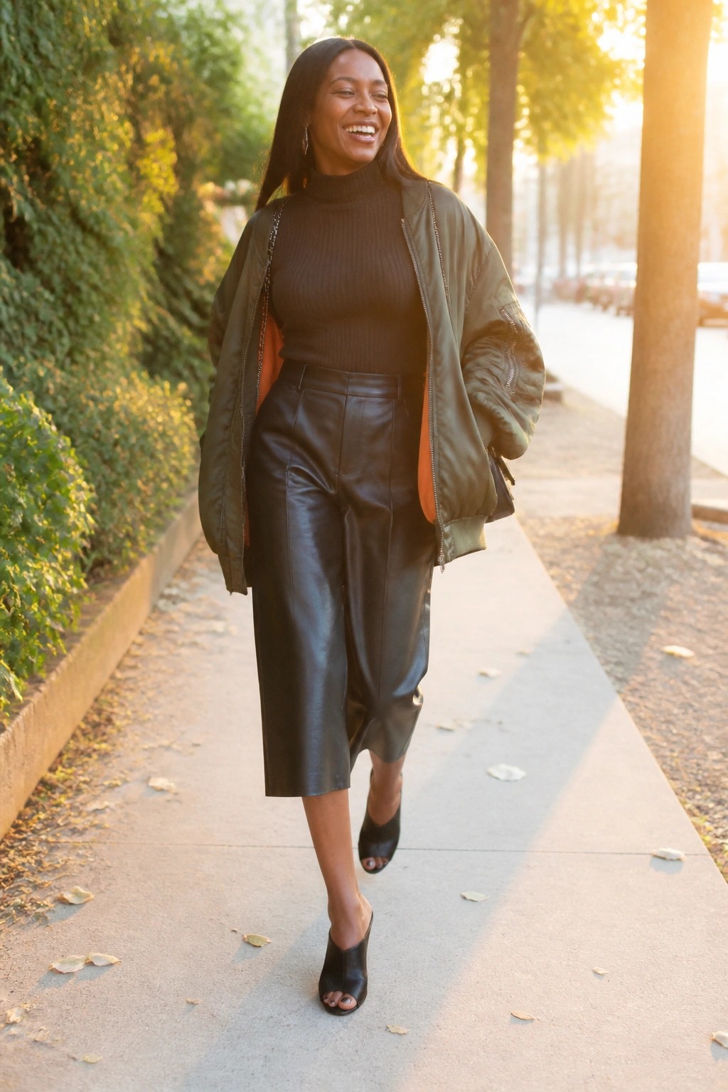 Black woman wearing an open olive green bomber jacket over a black turtleneck sweater paired with black leather wide leg cropped pants and black peep toe mules while carrying a small chain strap bag.