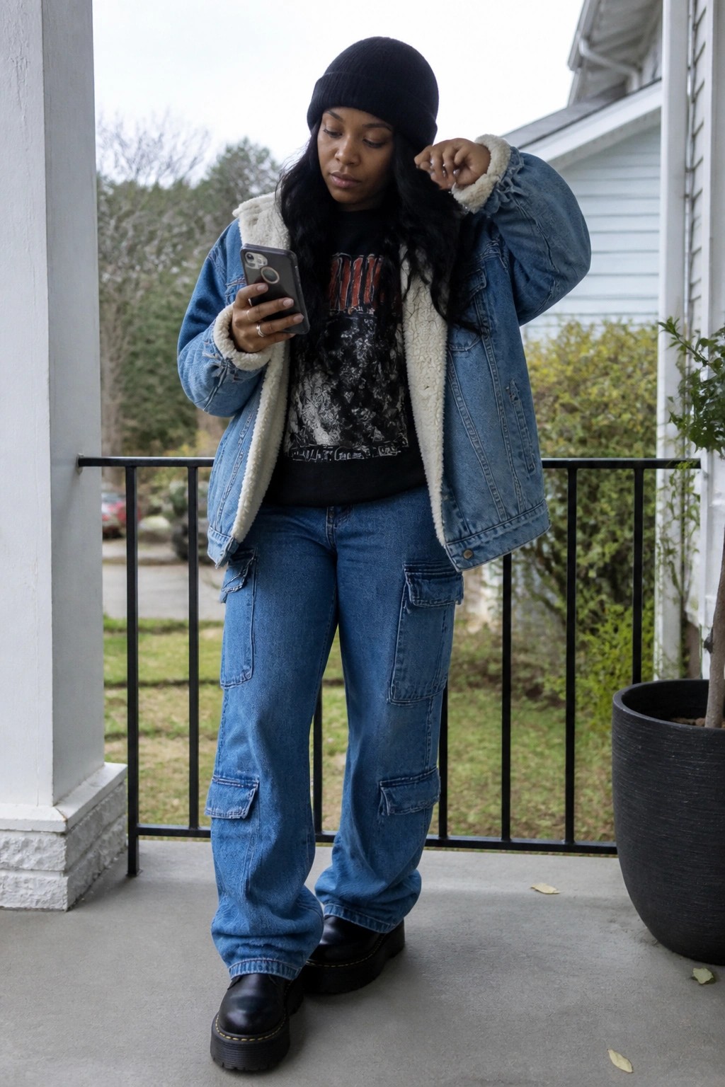 Woman in black beanie, sherpa denim jacket, and cargo jeans checks phone on porch