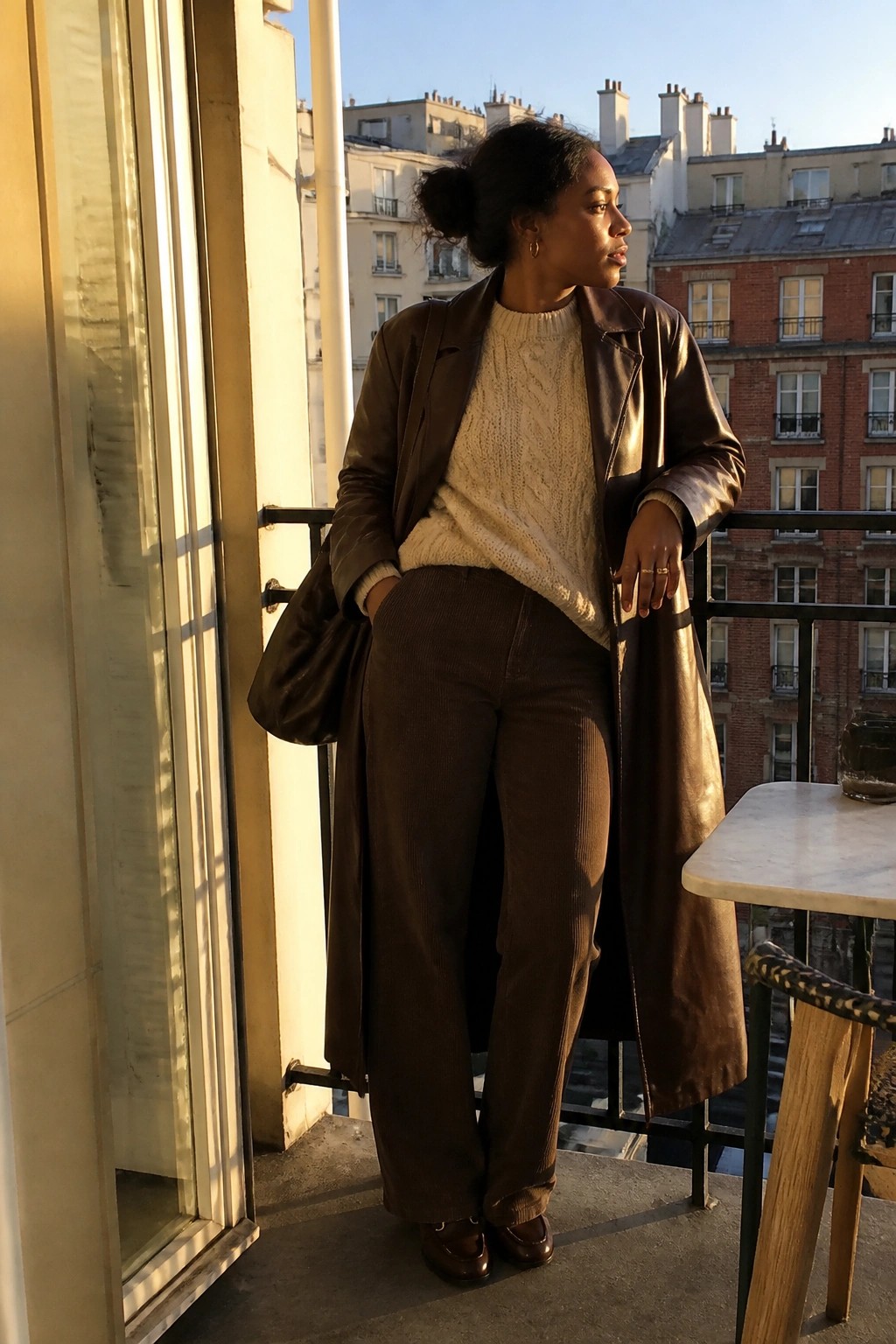 Woman in brown leather coat and corduroy pants on sunlit city balcony