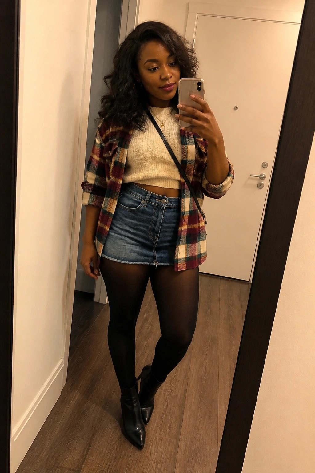 Woman in plaid flannel over cream sweater and denim skirt takes mirror selfie