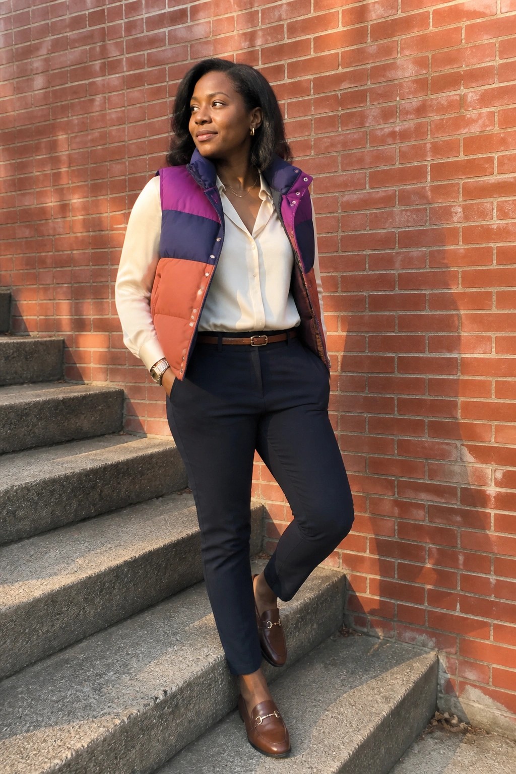 Woman wearing color block puffer vest over white shirt with navy pants and brown loafers on outdoor steps.