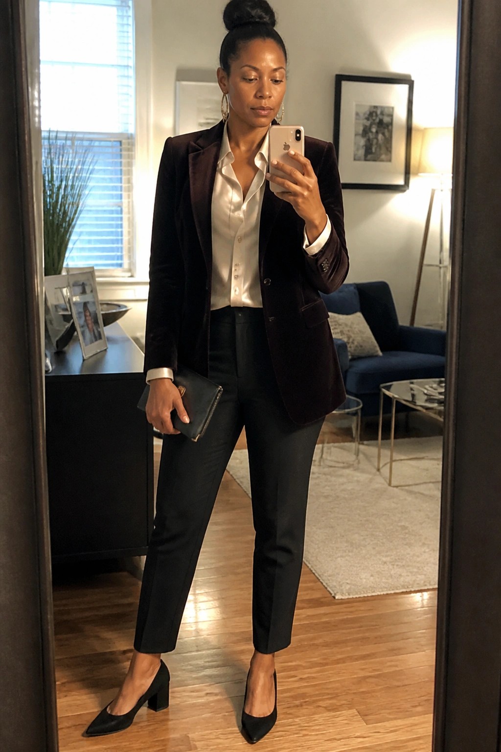 Woman in dark velvet blazer and white satin blouse taking mirror selfie in living room.