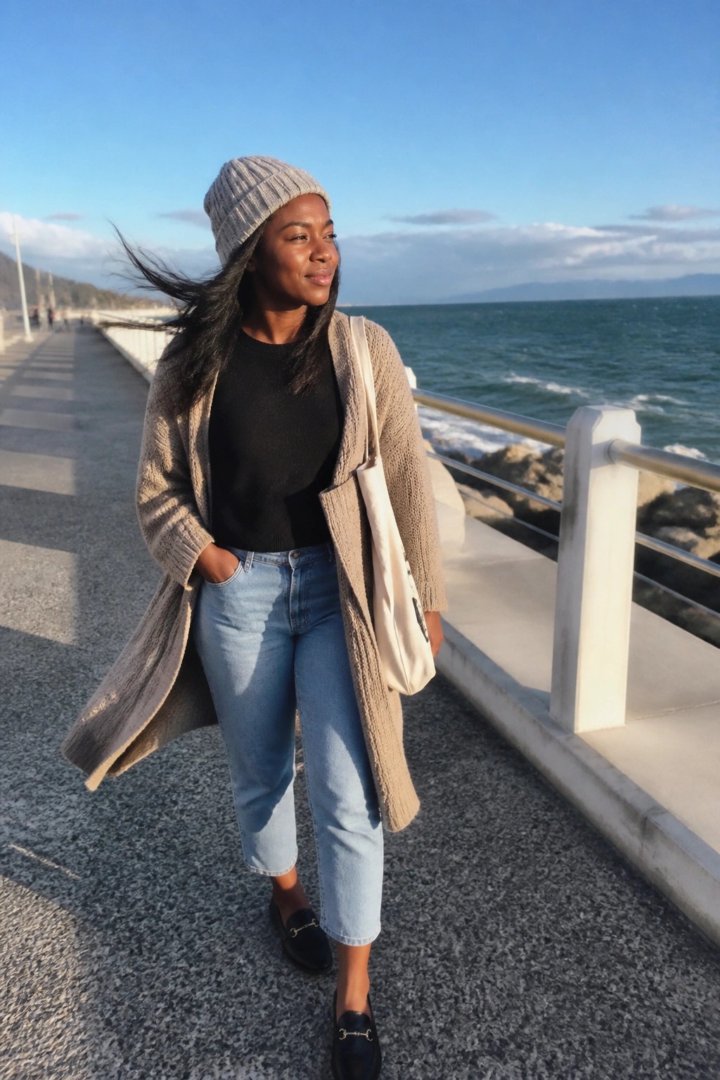 Woman in a long beige knit cardigan over a black top with light blue cropped jeans, black loafers, gray beanie, and white tote bag standing on a paved path.