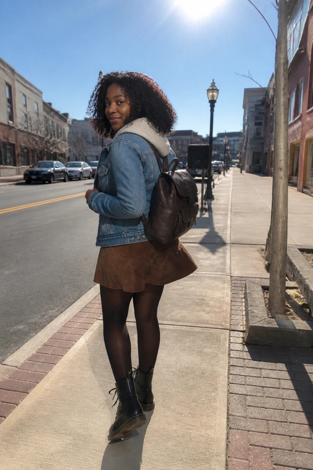 Woman in denim jacket and brown skirt with backpack on sunny sidewalk