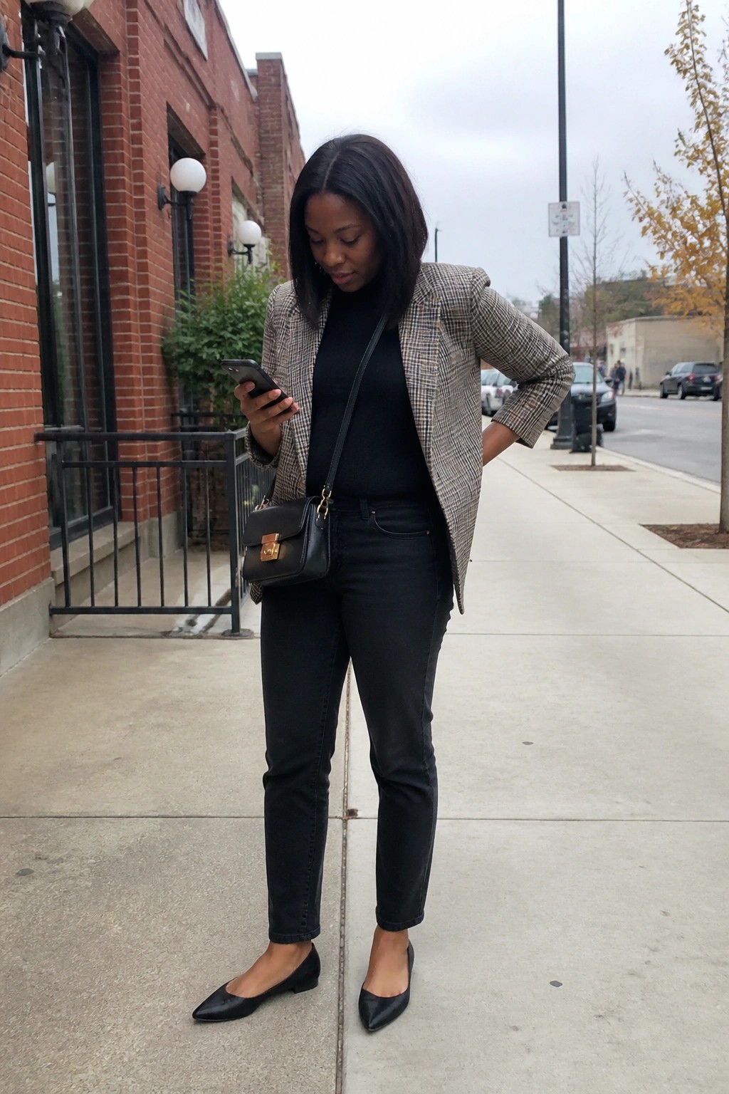 Woman in houndstooth blazer and black jeans checks phone on city sidewalk.