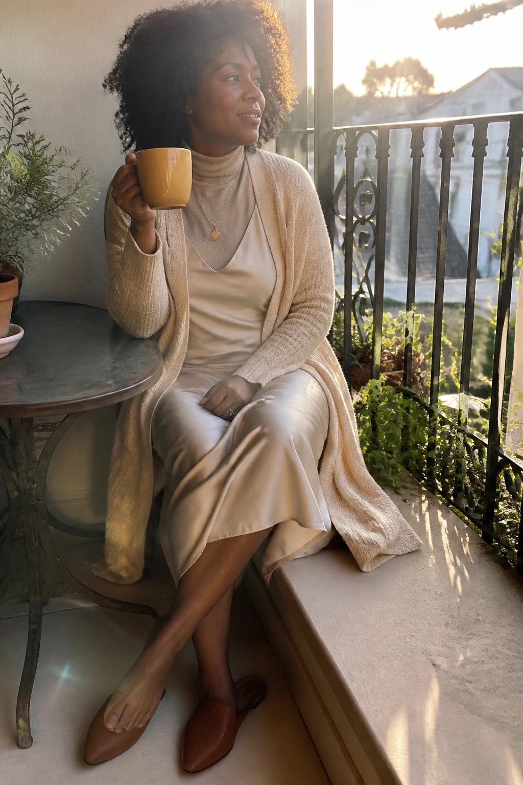 Woman wearing a beige satin midi slip dress layered with a matching turtleneck sweater and oversized beige knit cardigan, finished with brown pointed toe mules and layered gold necklaces.