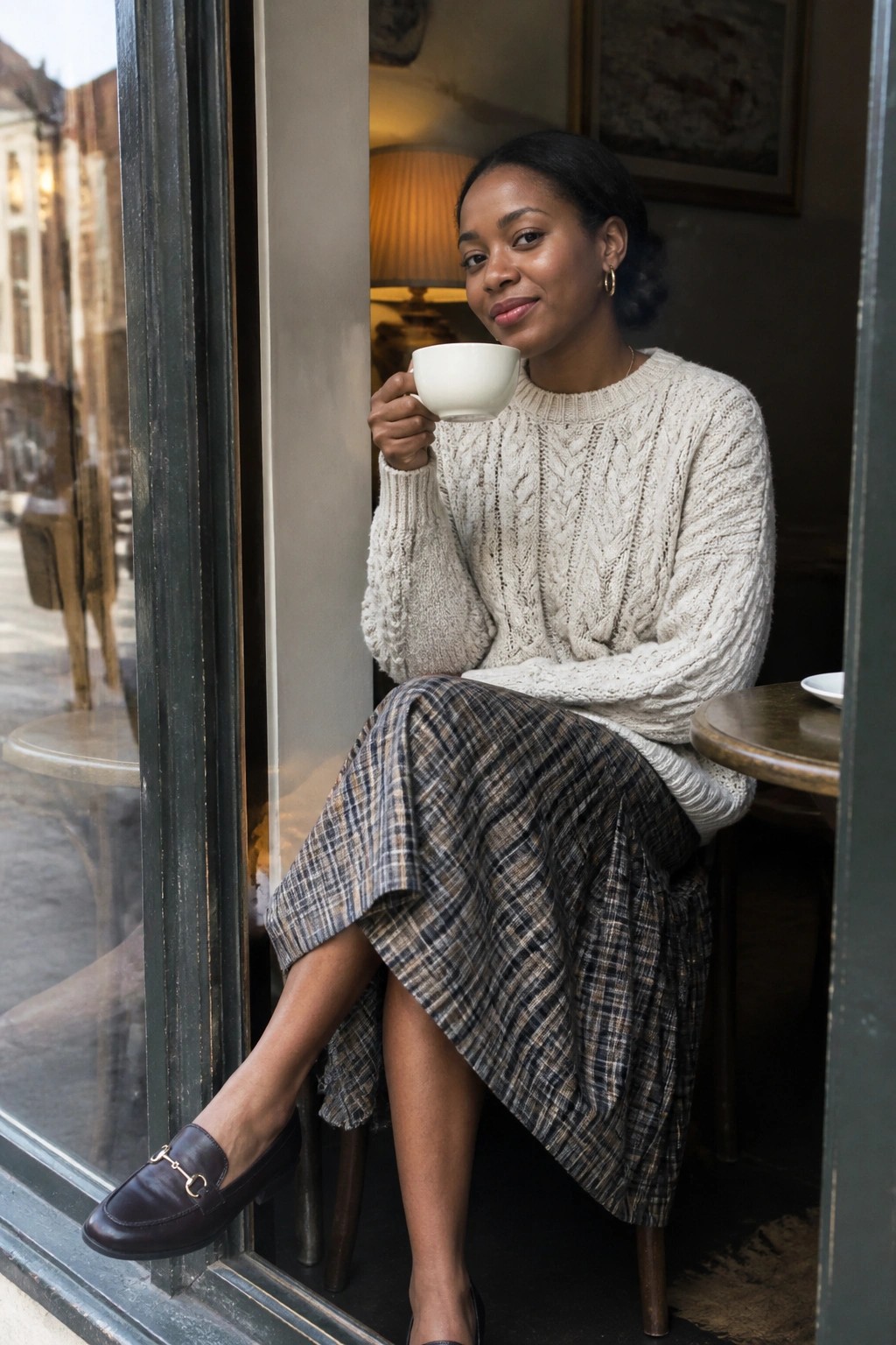 Woman in cream cable-knit sweater and plaid skirt holds white cup by window.