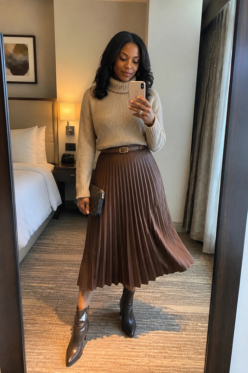 Woman in beige turtleneck and brown pleated skirt taking hotel mirror selfie
