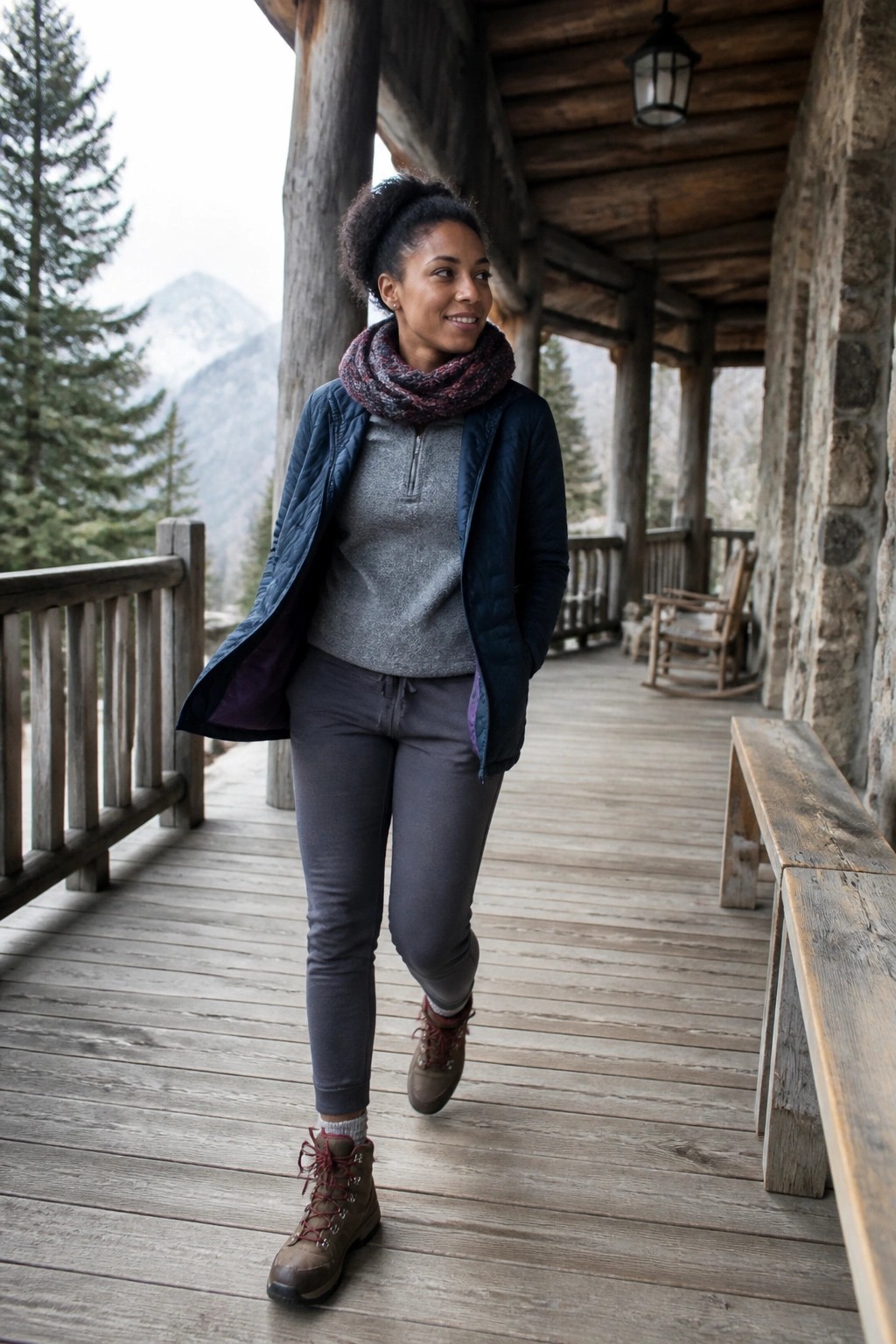 Woman in blue vest and scarf on wooden cabin porch with mountain view