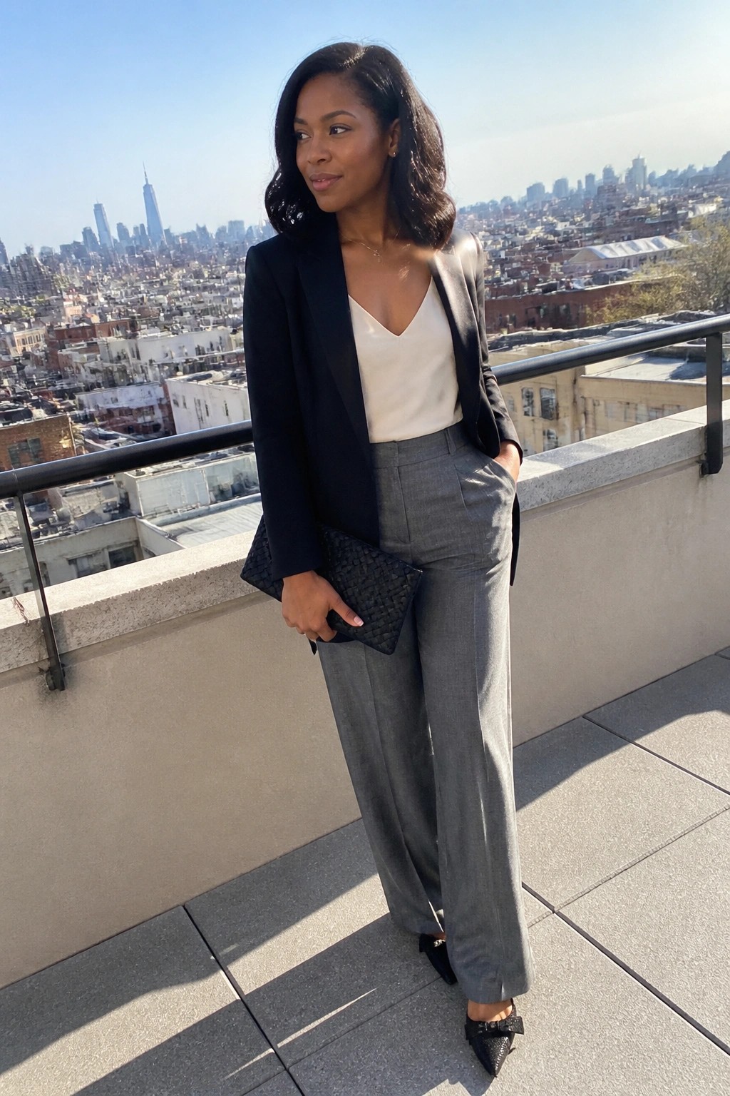 Woman in black blazer, white top, and gray trousers holding clutch on NYC rooftop