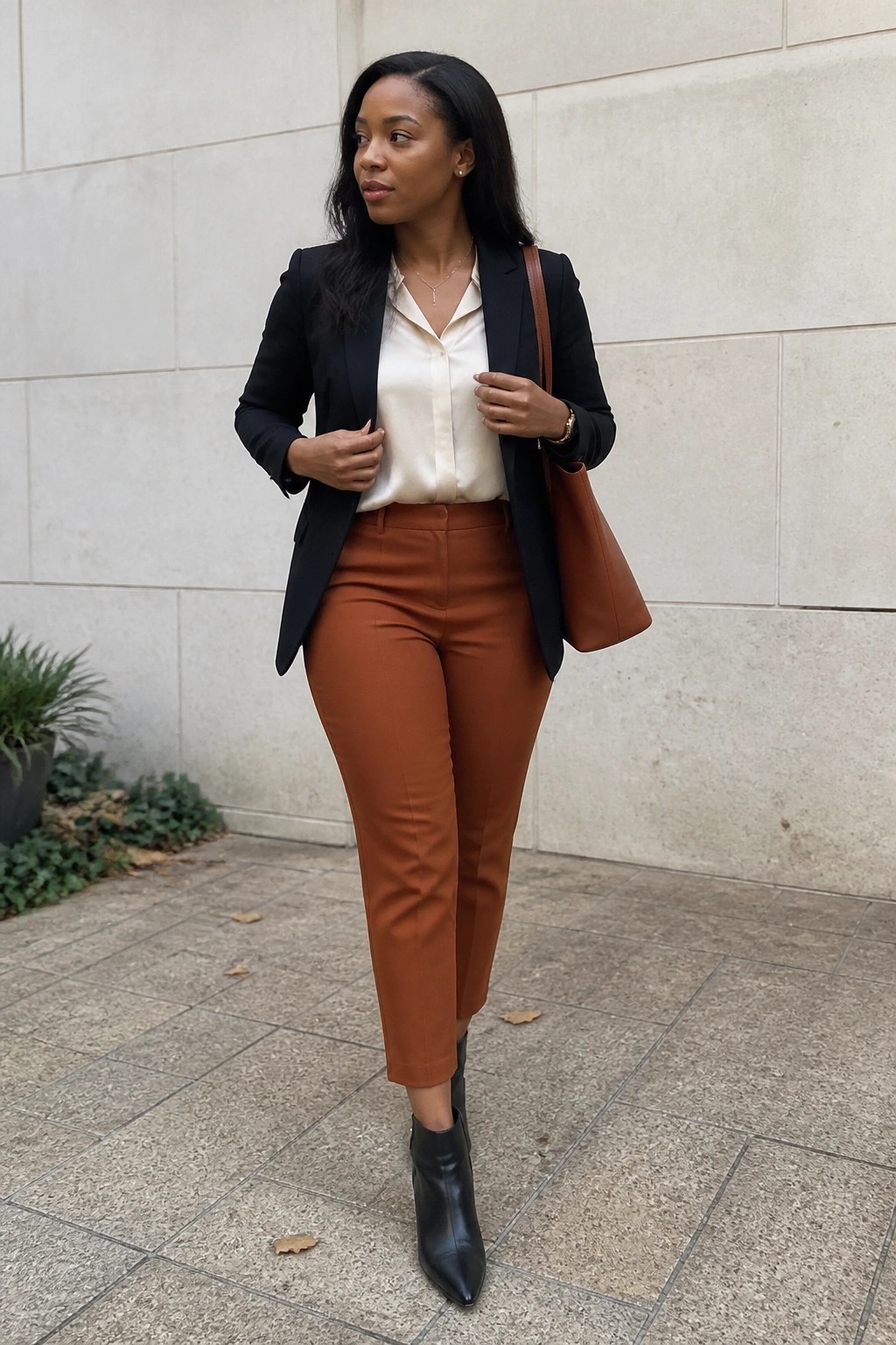 Woman in black blazer, cream blouse, rust pants, and black ankle boots outdoors.