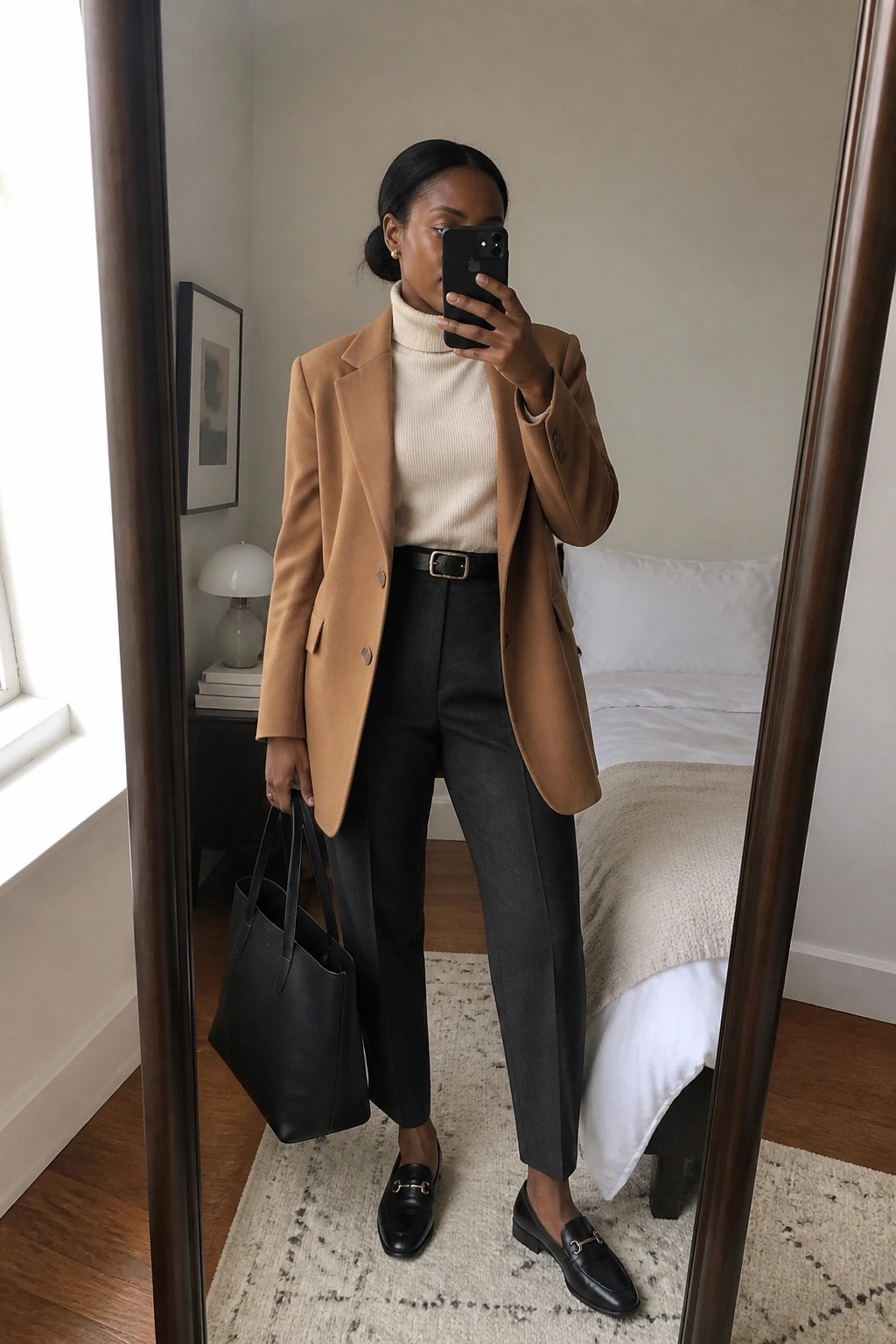 Woman in a camel blazer over cream turtleneck, black tailored pants with belt, black loafers, holding black tote bag, standing in front of mirror for business casual outfit.