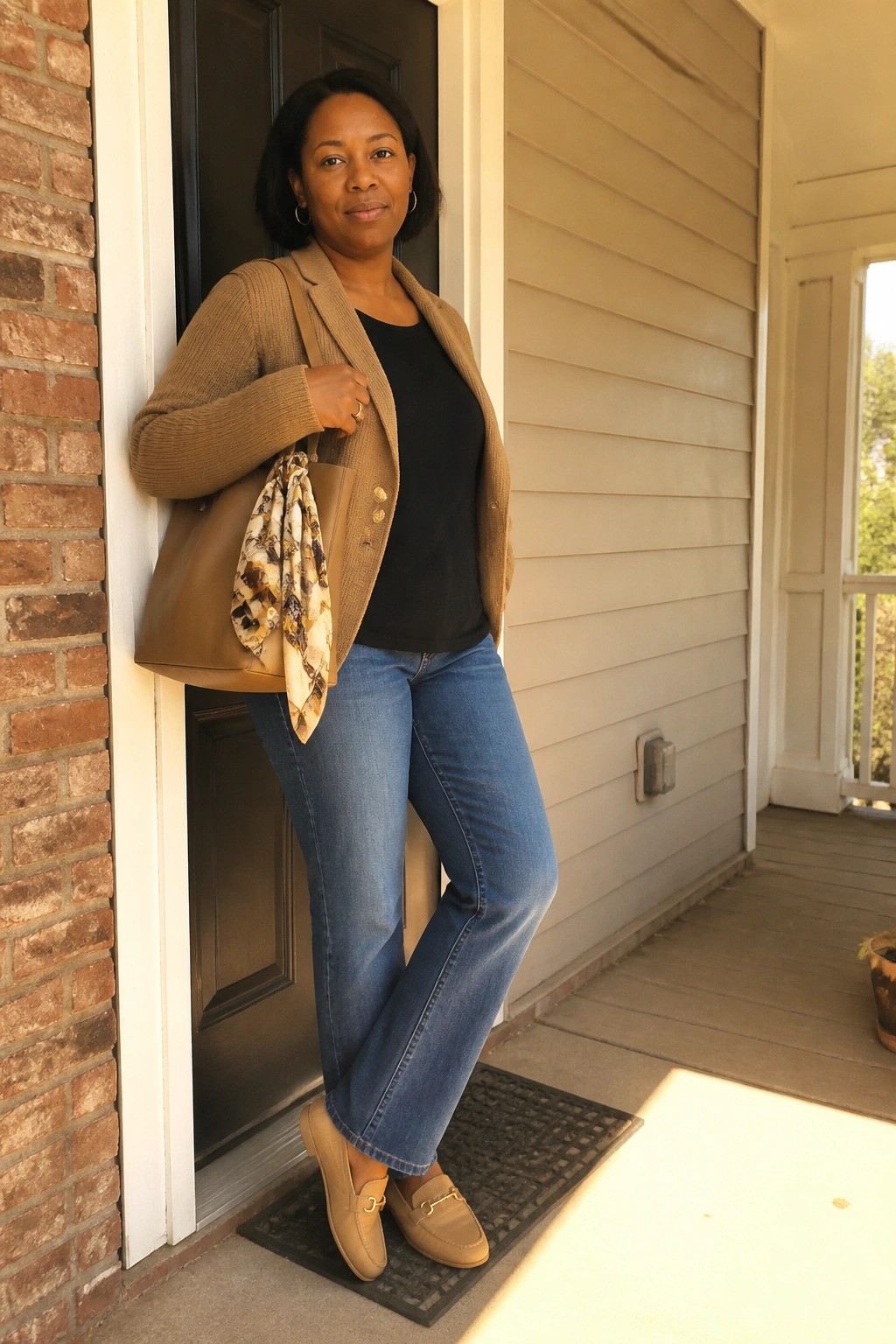 Woman in tan cardigan and blue jeans holding brown handbag on porch doormat