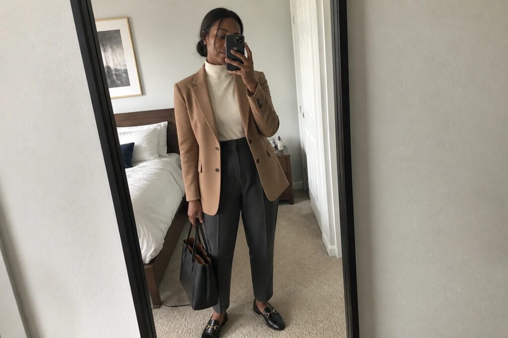 23 Fall Work Outfits for Black Women Designed for Business Casual Offices Woman in a camel blazer over cream turtleneck, black tailored pants with belt, black loafers, holding black tote bag, standing in front of mirror for business casual outfit.