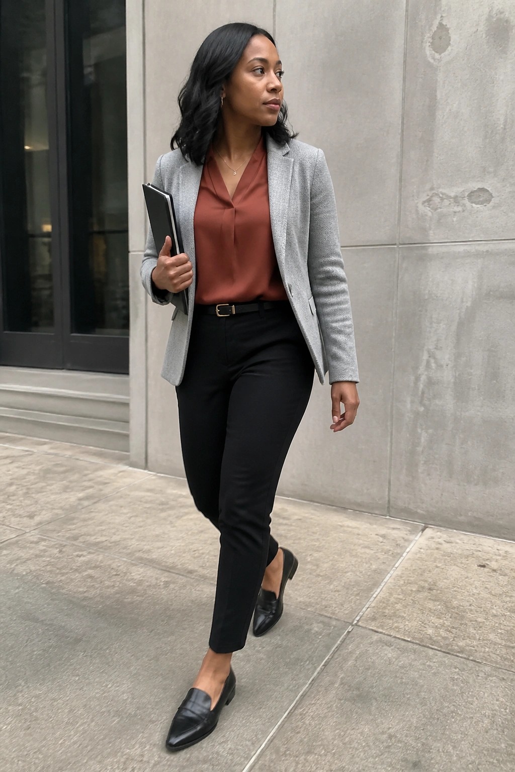 Woman in gray blazer and rust blouse walks holding tablet on sidewalk.