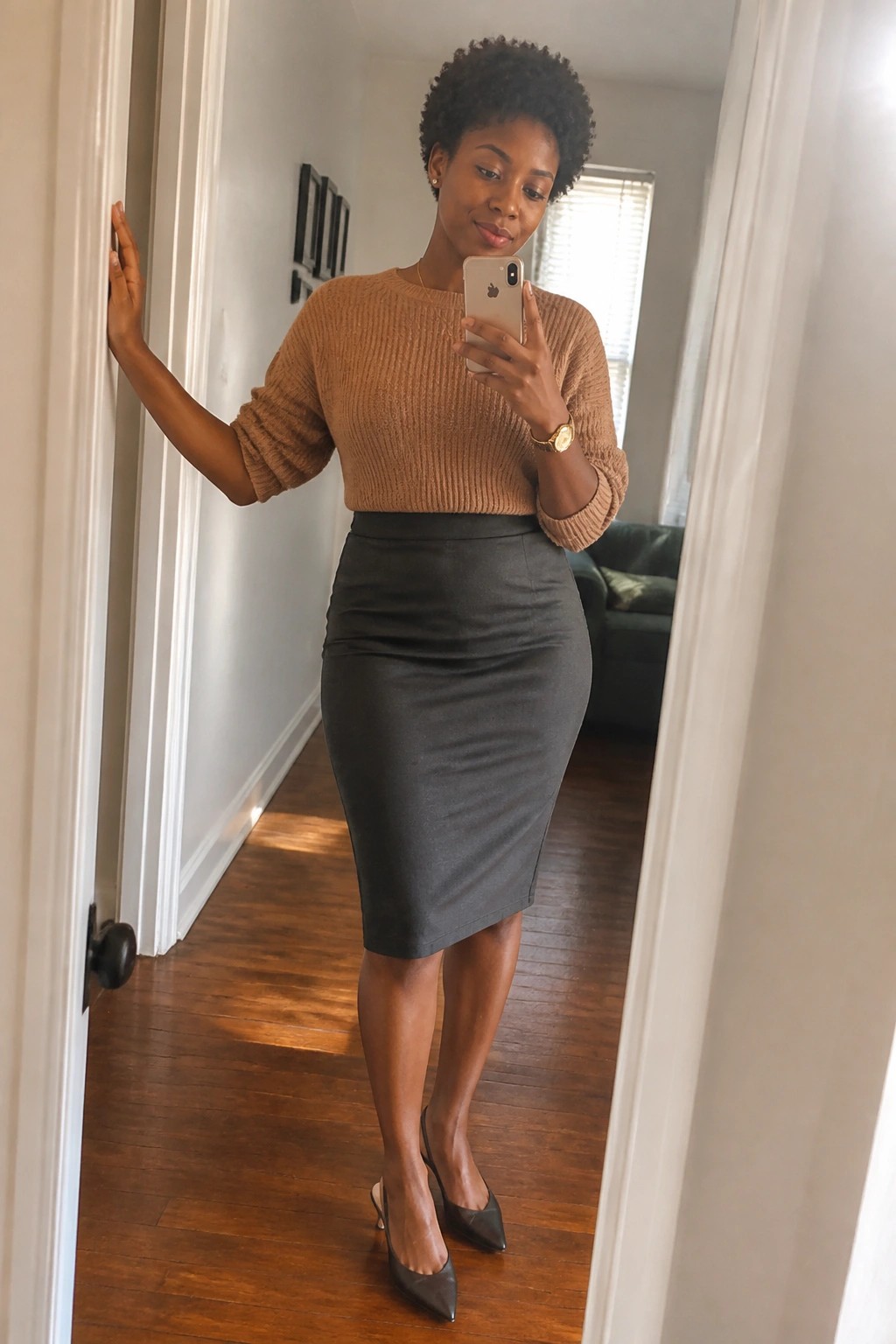 Woman in brown sweater and black skirt taking mirror selfie in hallway