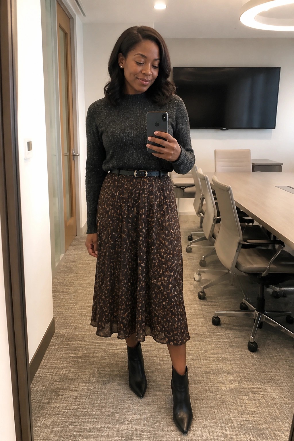 A woman in a dark gray sparkly knit sweater tucked into a brown floral print midi skirt with a black belt and black pointed toe ankle boots stands in an office holding a phone.