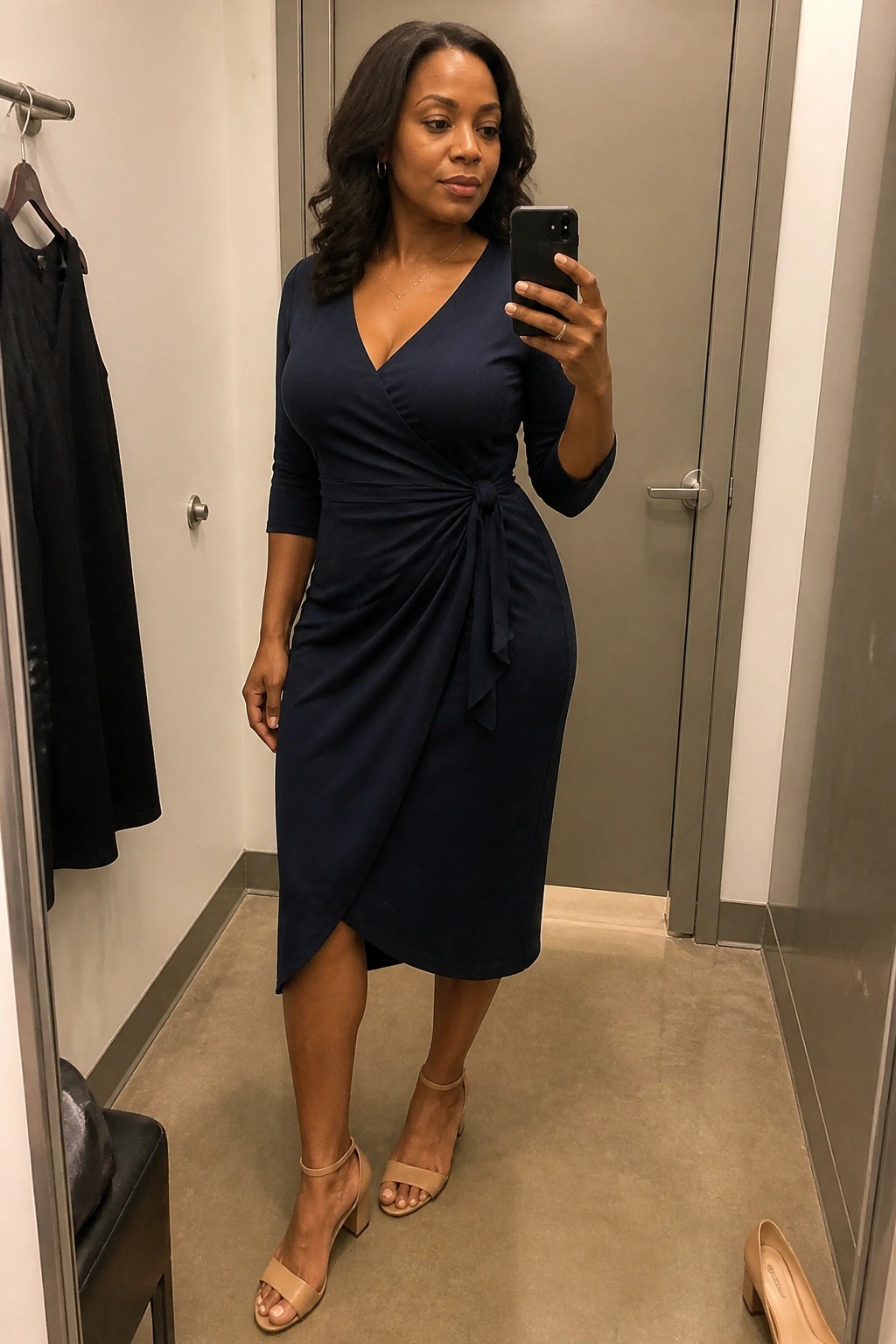 Woman in navy wrap dress taking mirror selfie in fitting room wearing beige heels