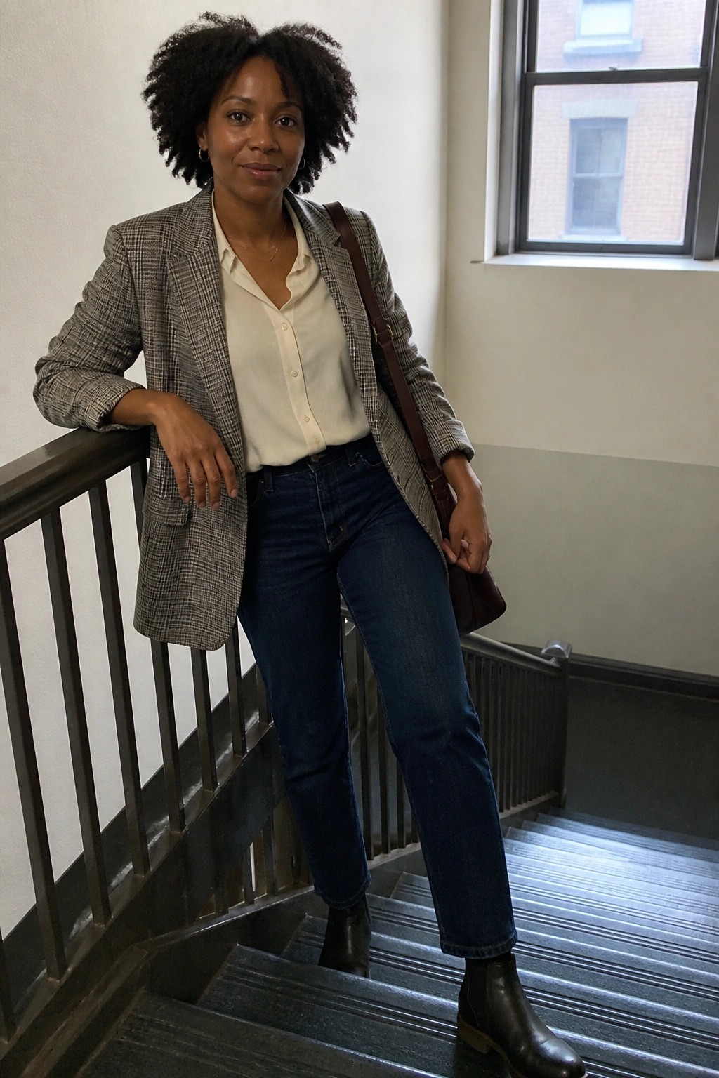 Black woman in a gray plaid blazer over a white button down shirt paired with dark blue jeans and black ankle boots standing on office stairs with a brown leather bag.