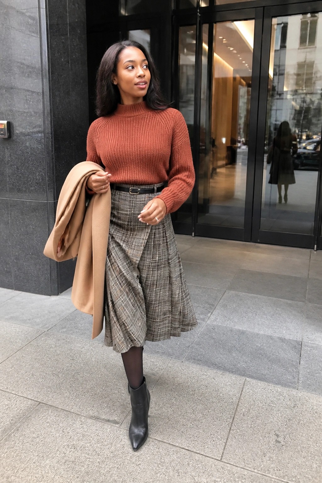 Woman in rust sweater and plaid skirt holding tan coat outside building entrance.