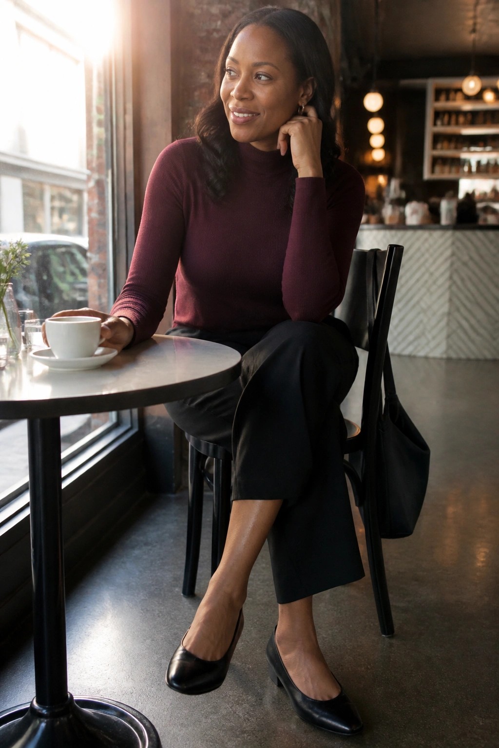 Woman in maroon turtleneck seated at sunny cafe table holding coffee cup