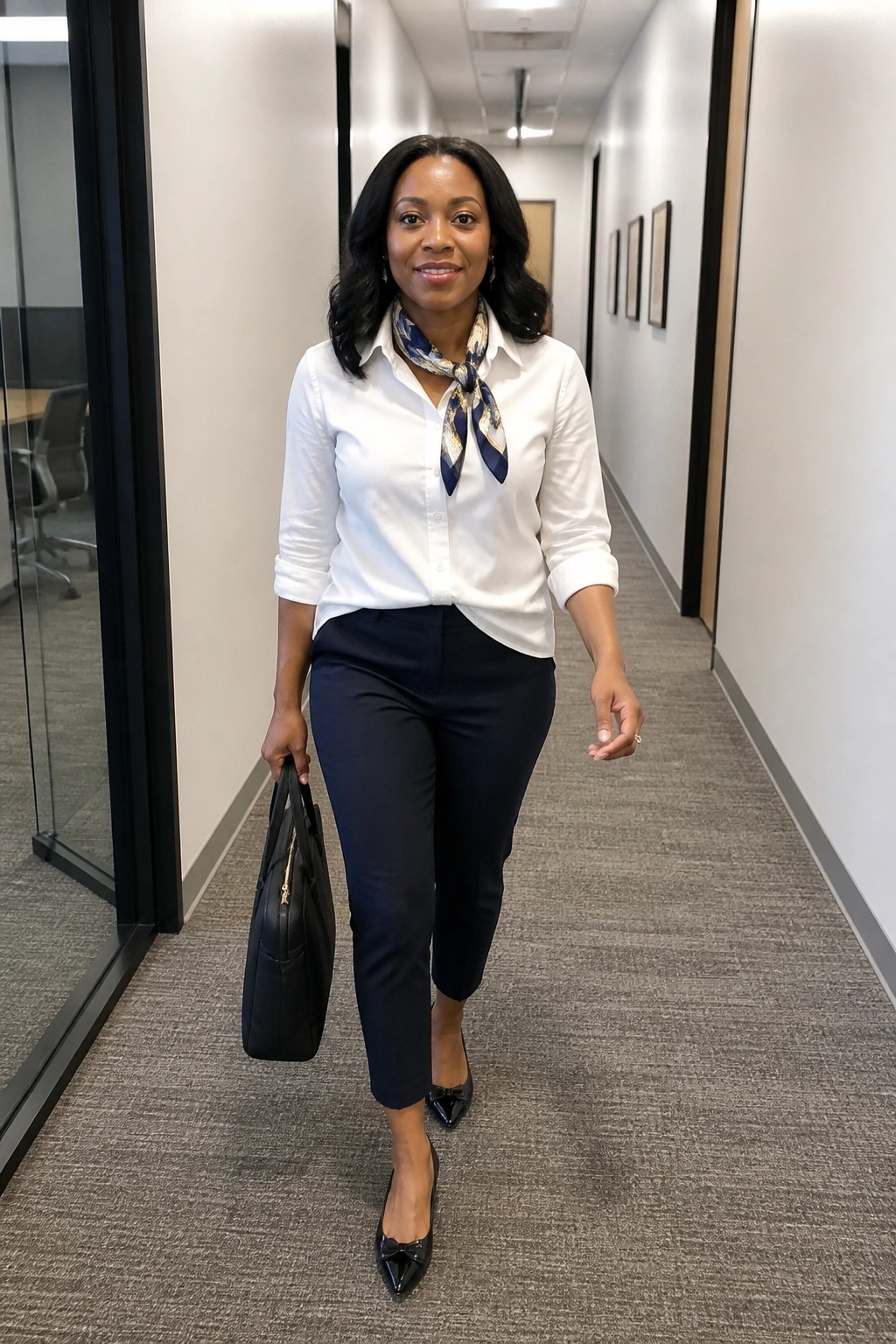 Businesswoman in white shirt and navy pants carrying black bag in office hallway.