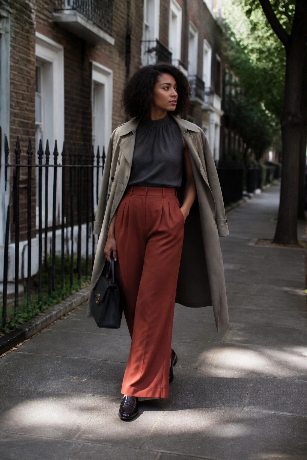 Woman in rust wide-leg pleated trousers, gray sleeveless top, beige trench coat, black loafers and handbag standing on a sidewalk.