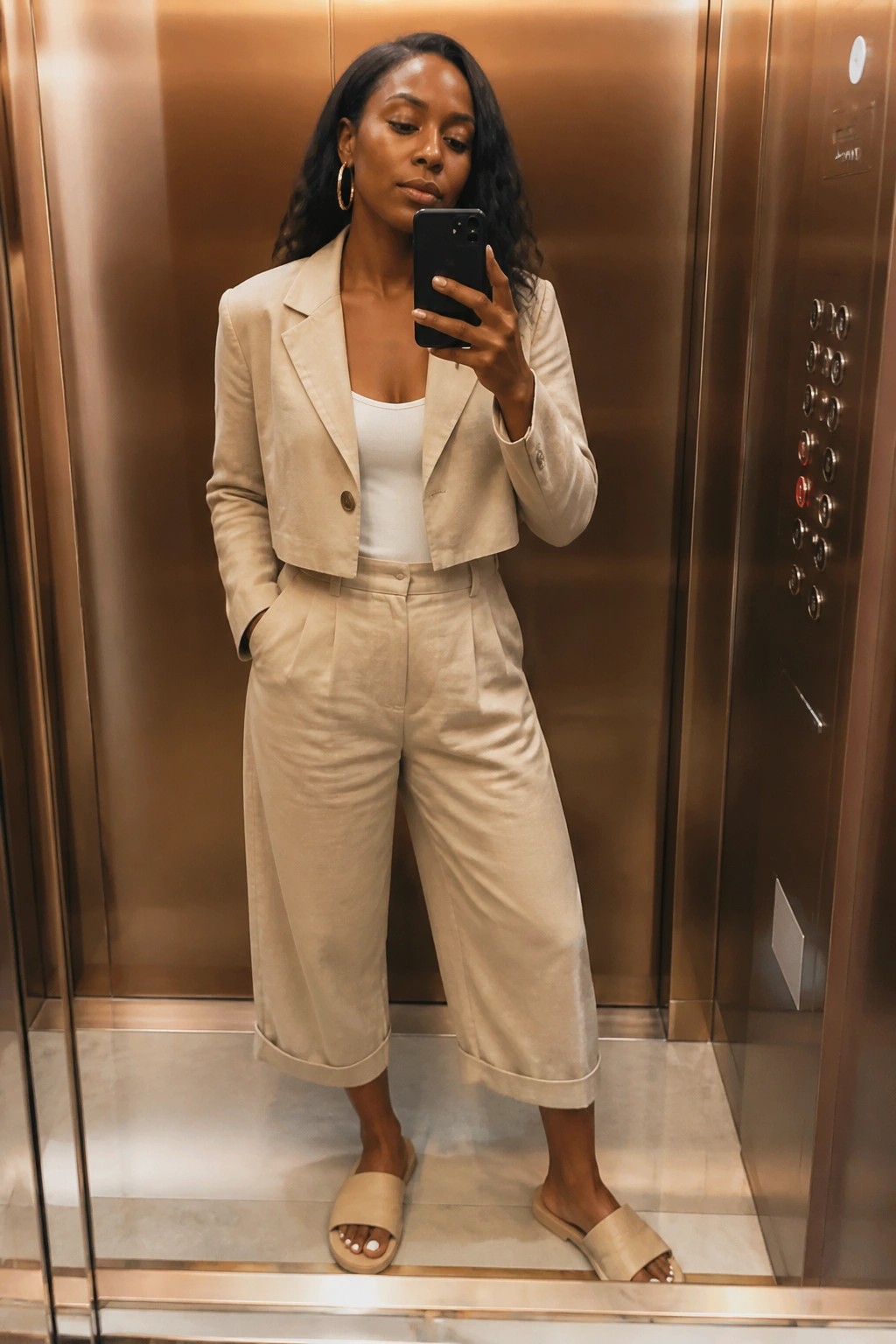 Woman in beige cropped blazer and wide pants taking elevator mirror selfie