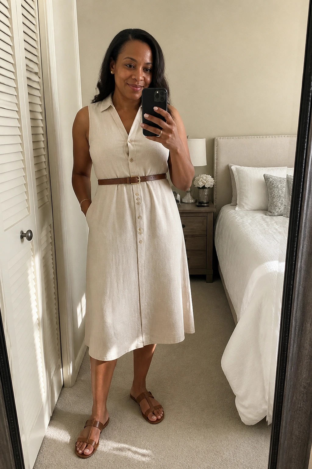 Woman in cream belted dress taking mirror selfie in bedroom