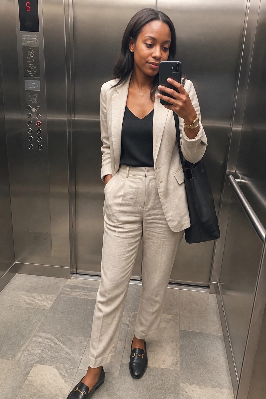 Woman in beige pantsuit taking mirror selfie inside metallic elevator with black bag