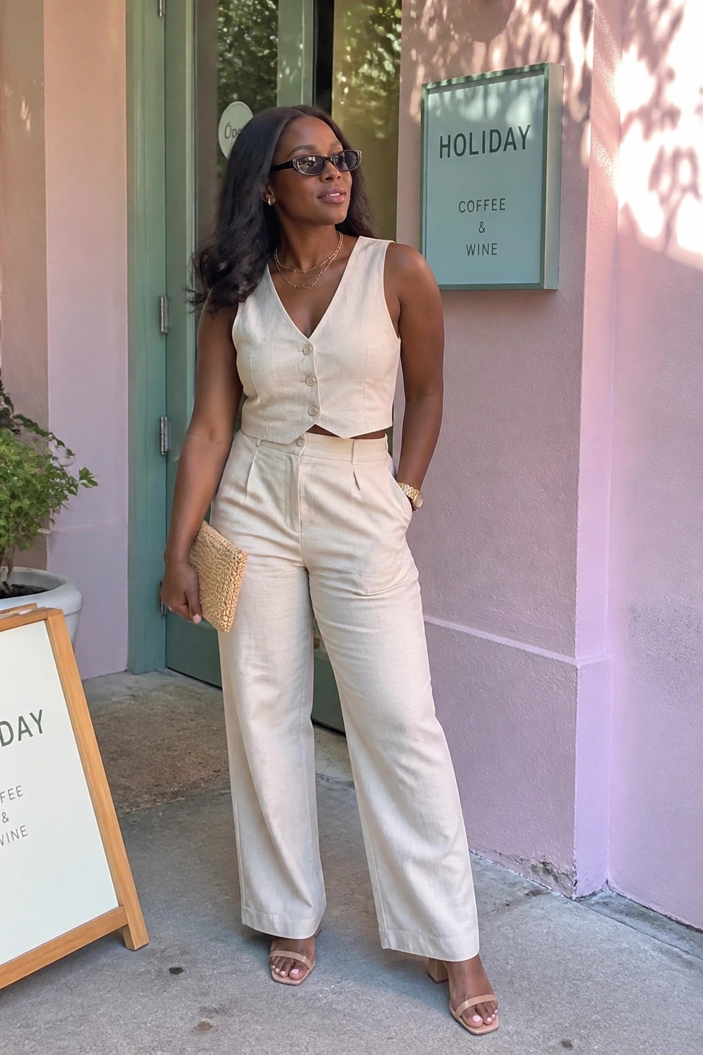 Woman in cream linen vest and wide-leg pants outside pink cafe entrance