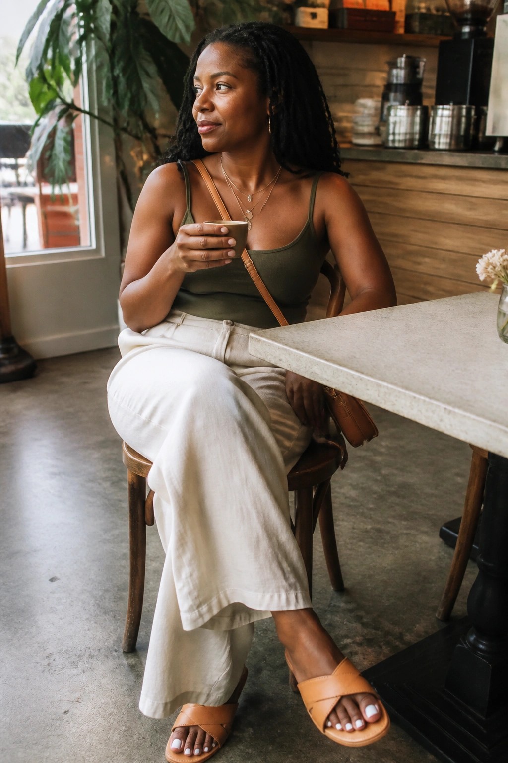 Woman in olive green tank top and cream wide-leg pants seated at a cafe table holding a coffee cup with tan leather sandals and crossbody bag.