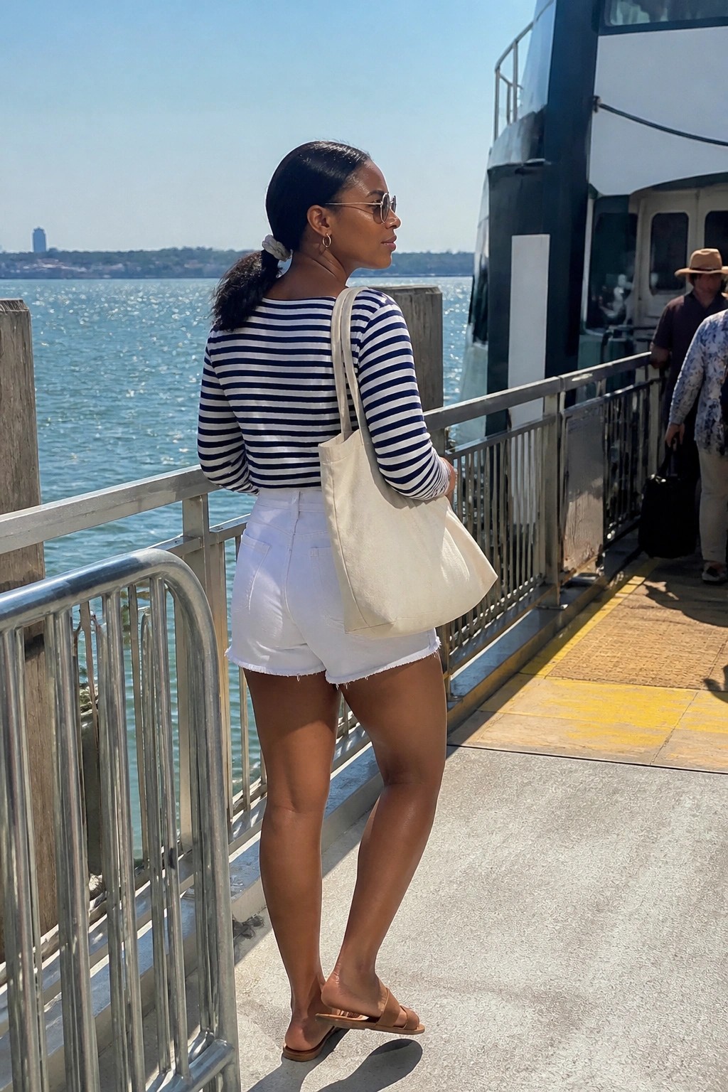 Woman wearing navy and white striped long sleeve top with white denim shorts, beige tote bag over shoulder, and brown slide sandals standing on a dock.