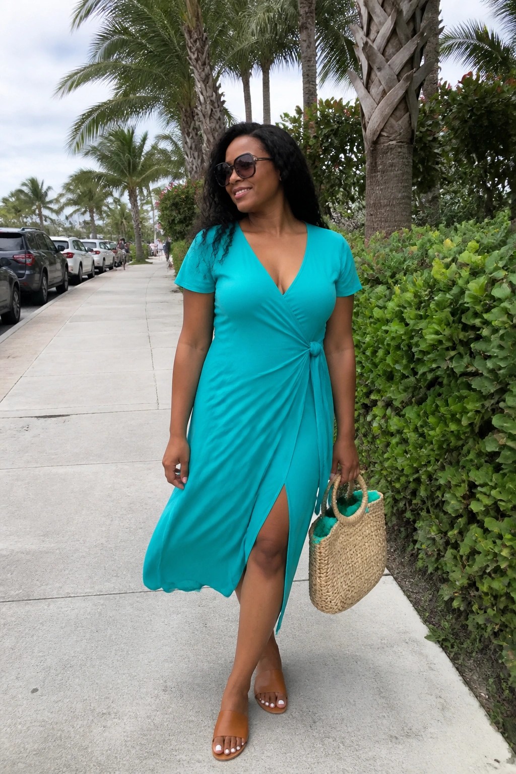 Woman in turquoise wrap dress holding straw bag on palm-lined walkway.