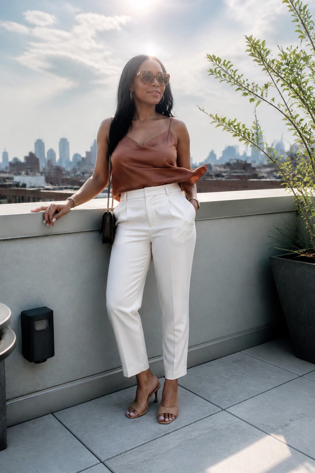 Woman in brown satin top and white pants on sunny city rooftop balcony.