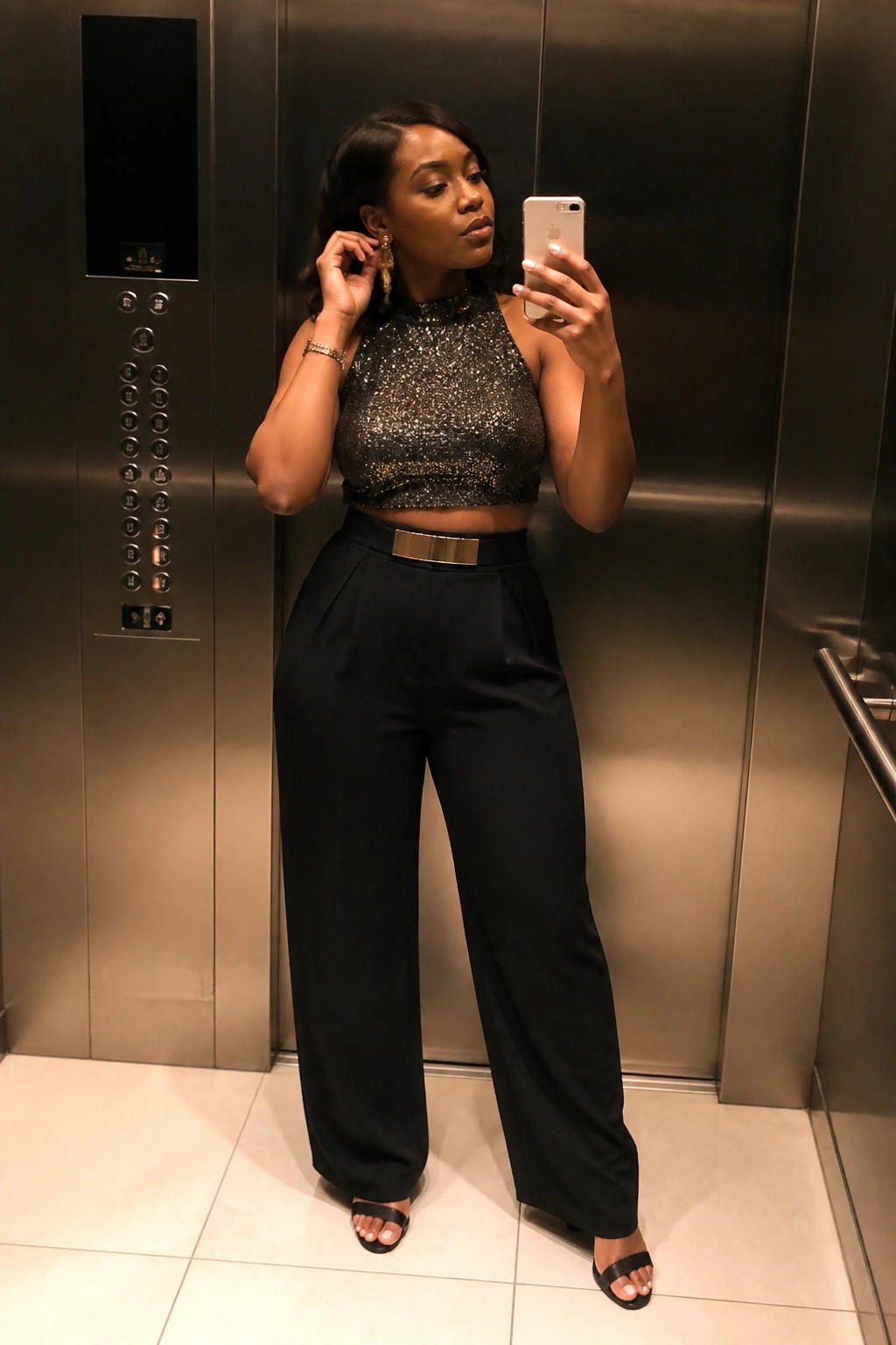 Woman in sequined halter crop top and wide-leg pants taking selfie in elevator
