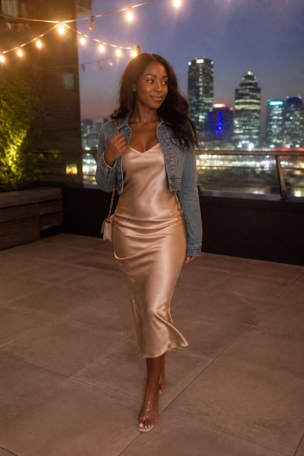 Woman in beige satin dress and denim jacket on city rooftop at night